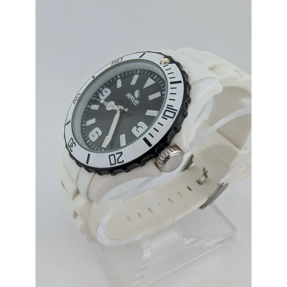 Rave Watch Men 39mm Case Rotating Bezel White Silicone‎ Band- New Battery